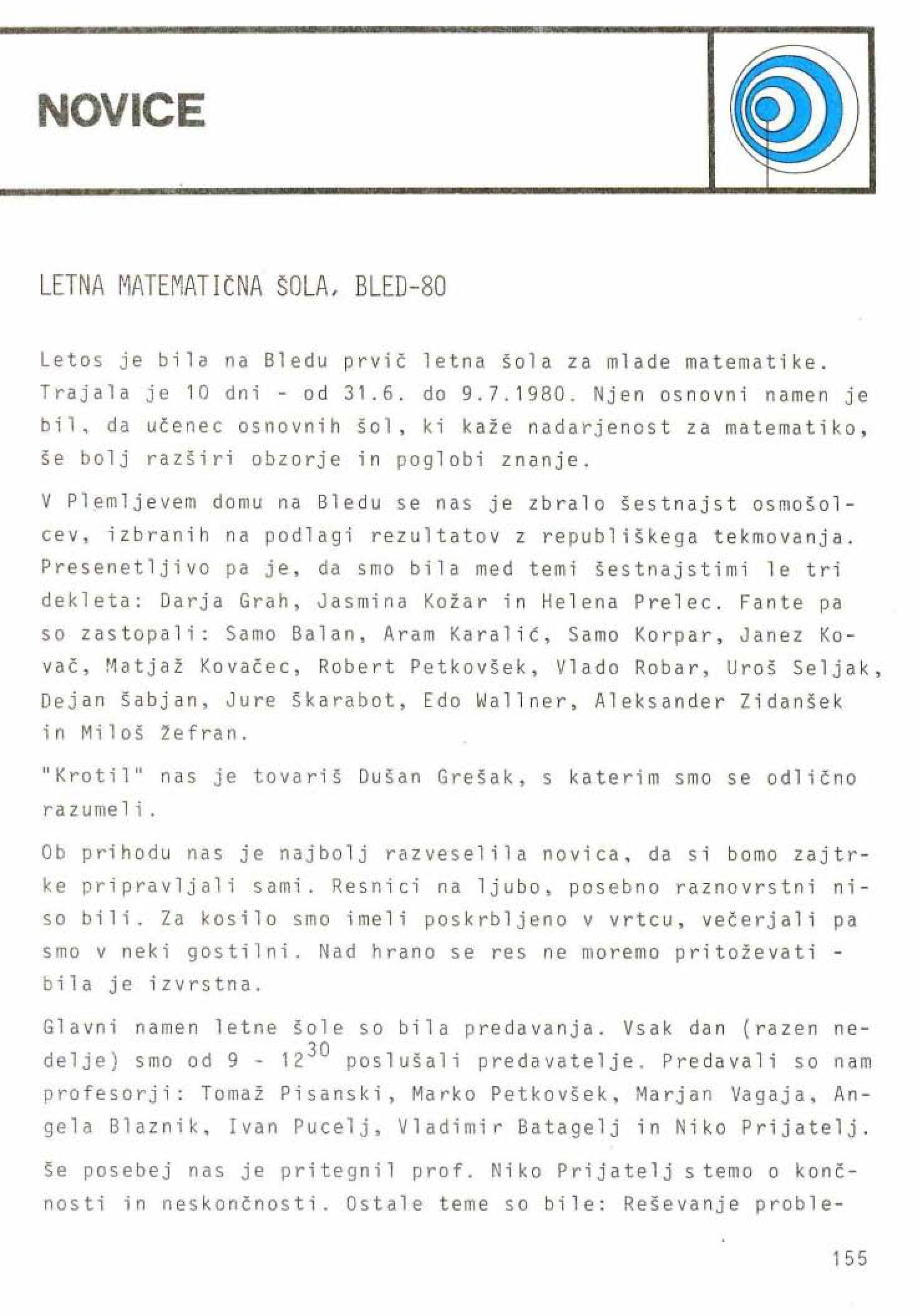 Članek o prvi poletni šoli za mlade matematike v reviji Presek